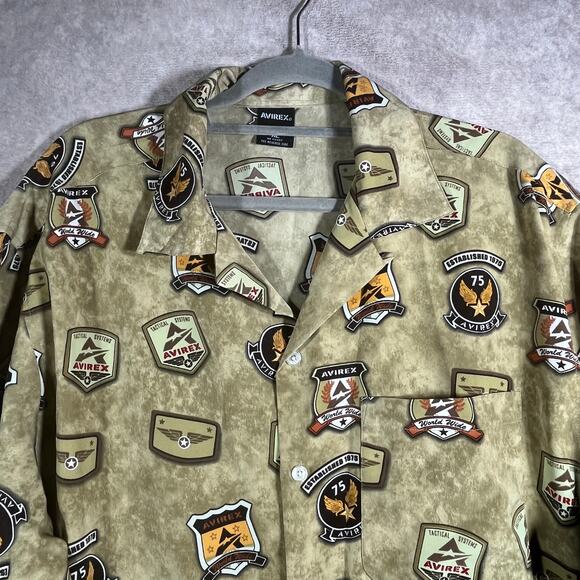 Avirex Shirt Mens Size XL Beige Logo AOP‎ Button Up Y2K Hip Hop Streetwear 90s - Picture 2 of 8
